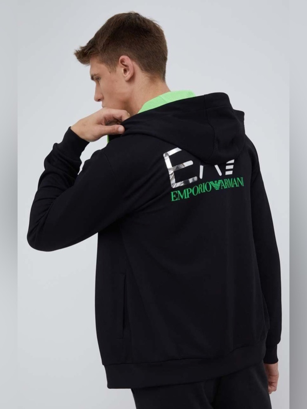 Emporio Armani EA7 Black Hoodie with Neon Green Logo and Silver Accents